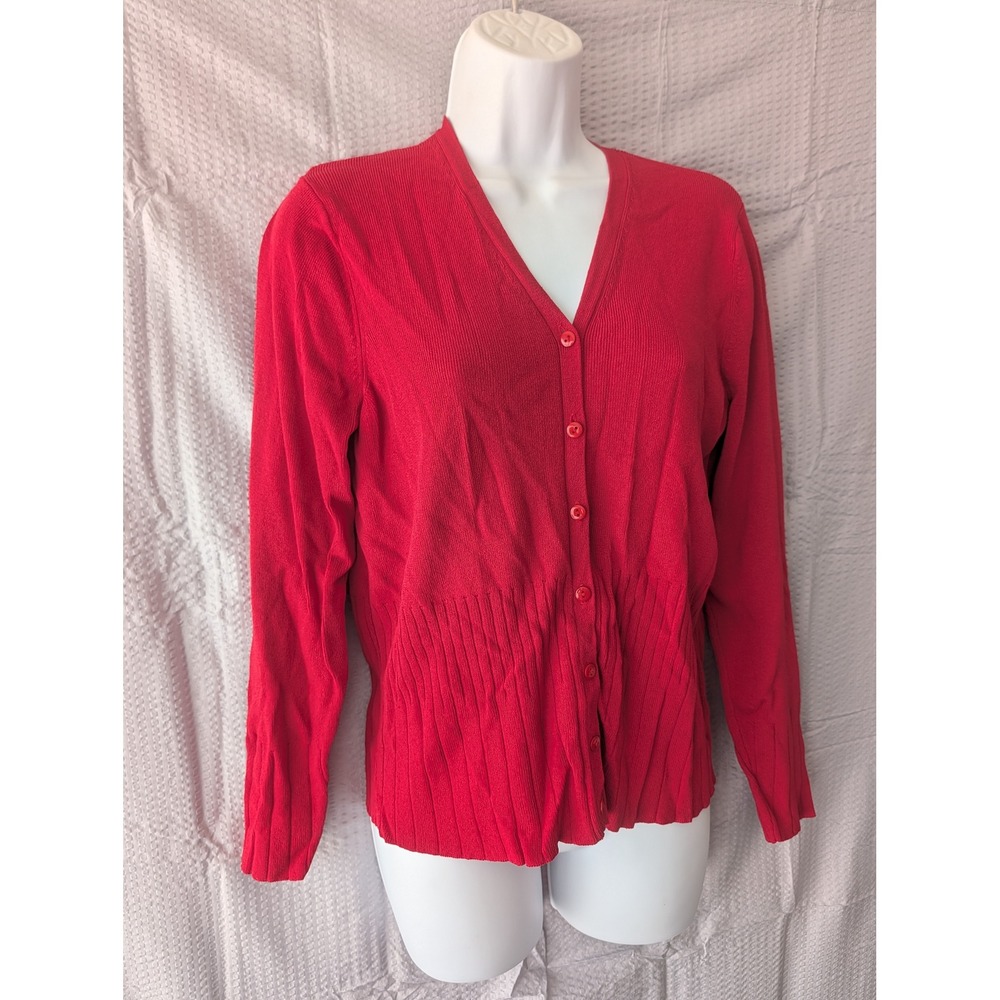 Vintage Worthington Red Ribbed Knit Button Front Cardigan Sweater V-Neck Medium - Picture 2 of 14